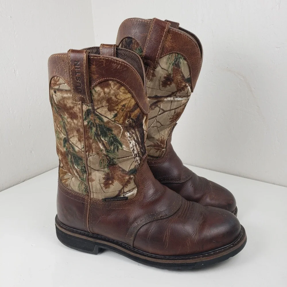 Justin Mens WK4675 Waterproof Camo Work Boots Brown Leather 10.5 EE Wide